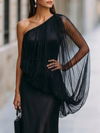One-Shoulder Tulle Overlay Satin Mermaid Gown
