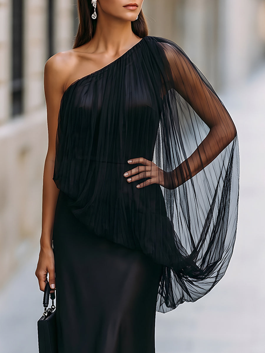One-Shoulder Tulle Overlay Satin Mermaid Gown