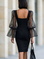 Square-Neck Sheath Dress With Sheer Puff Sleeves