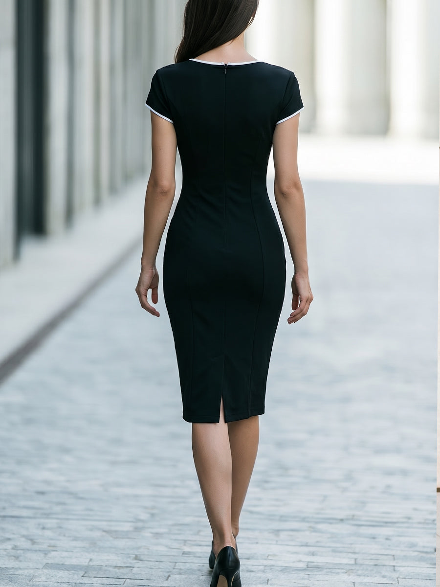 Piping V-Neck Bodycon Midi Dress
