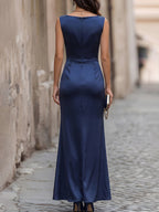 Sleeveless Satin Gown With Ruched High Slit