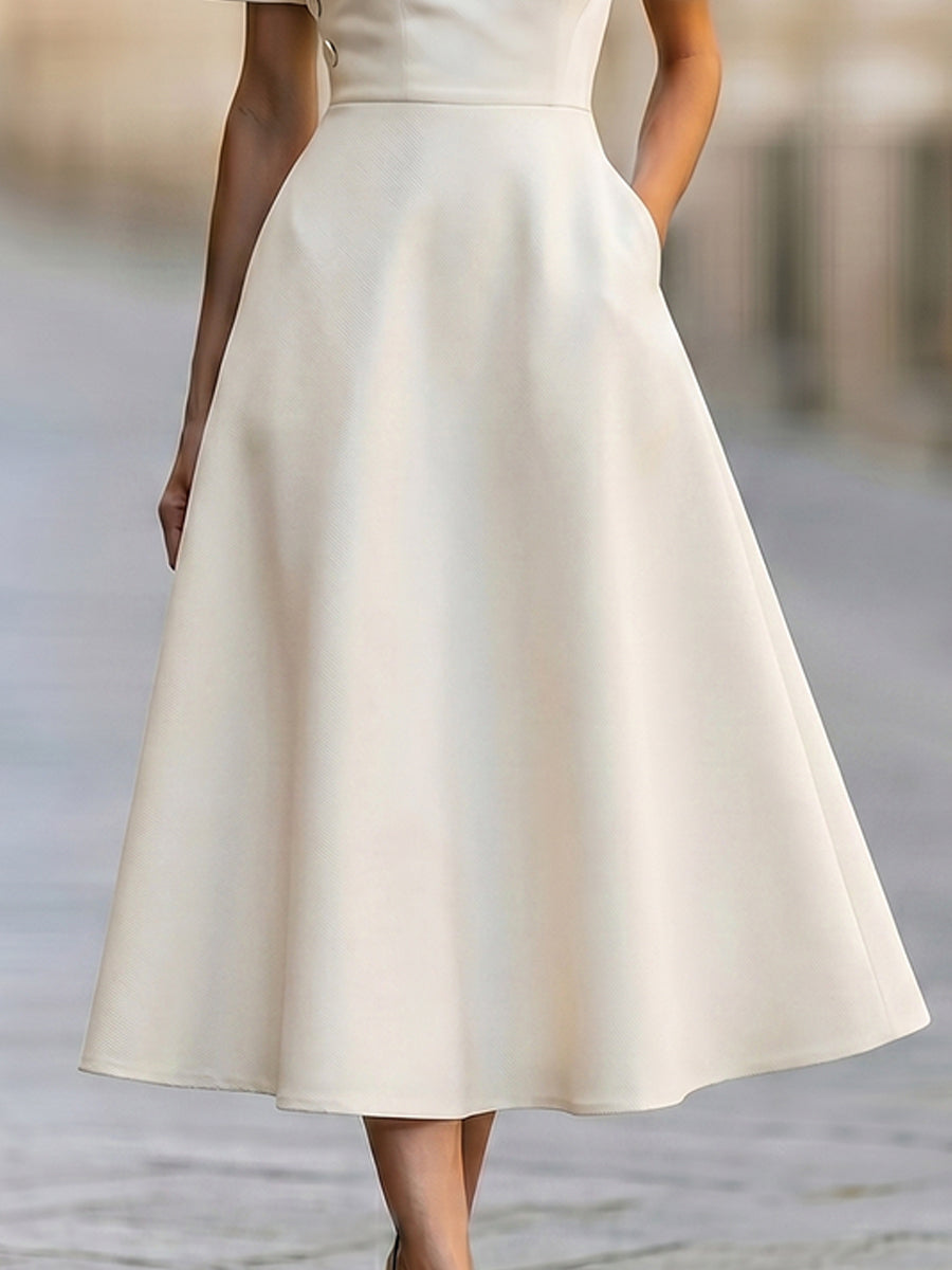 Asymmetric Lapel Short Sleeve Fit-and-Flare Midi Dress