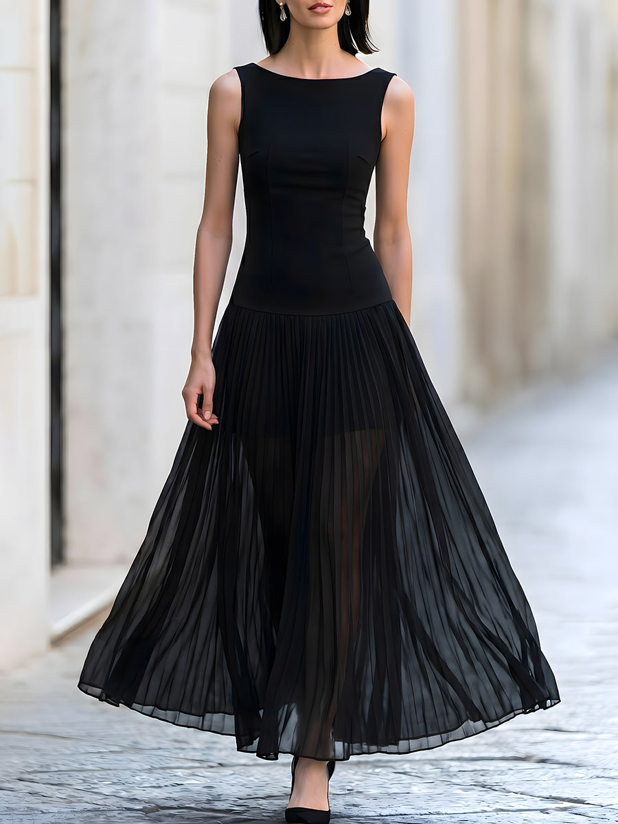 Sleeveless Boat Neck Pleated Tulle Maxi Dress