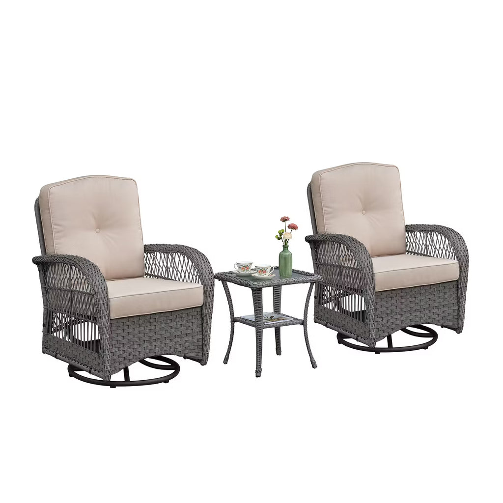3-Piece Wicker Swivel Rocker Patio Set with Glass Side Table