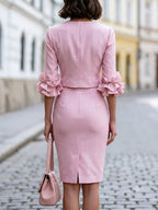 Elegant Ruffle Sleeve Blazer And Pencil Skirt Set