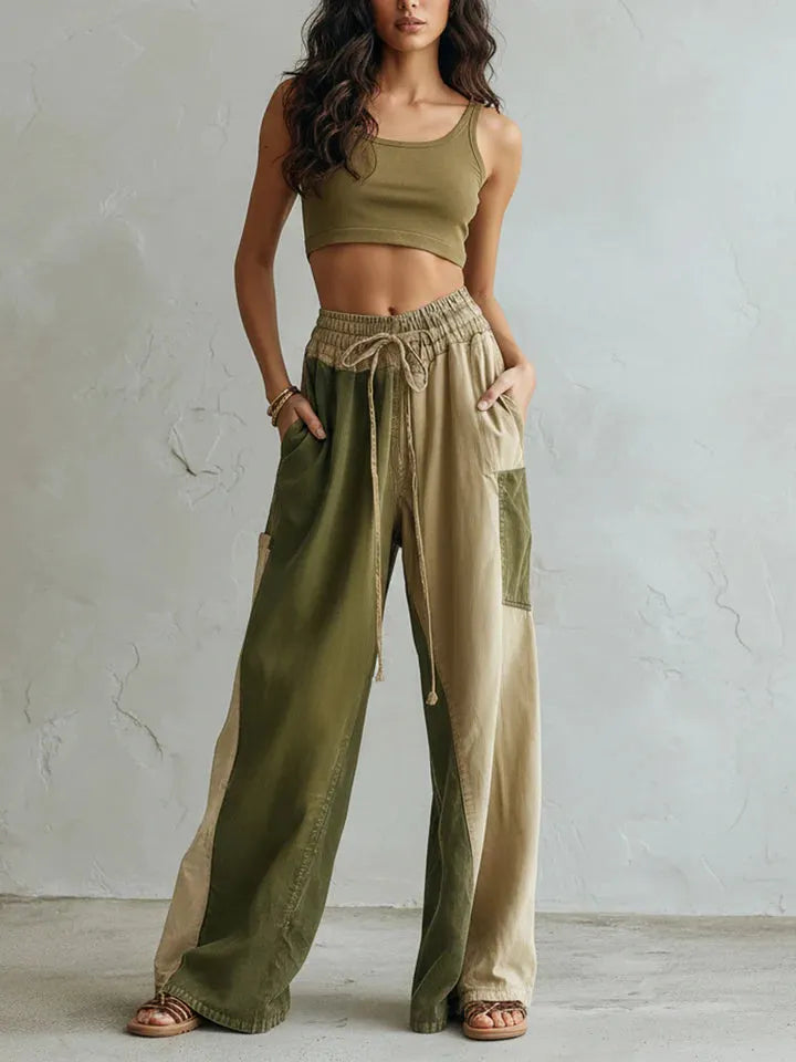 Vintage Color-Block Denim Wide-Leg Pants