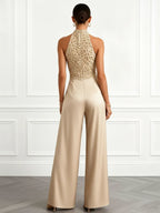 Women Champagne Lace Halter Neck Sleeveless Dressy Jumpsuit