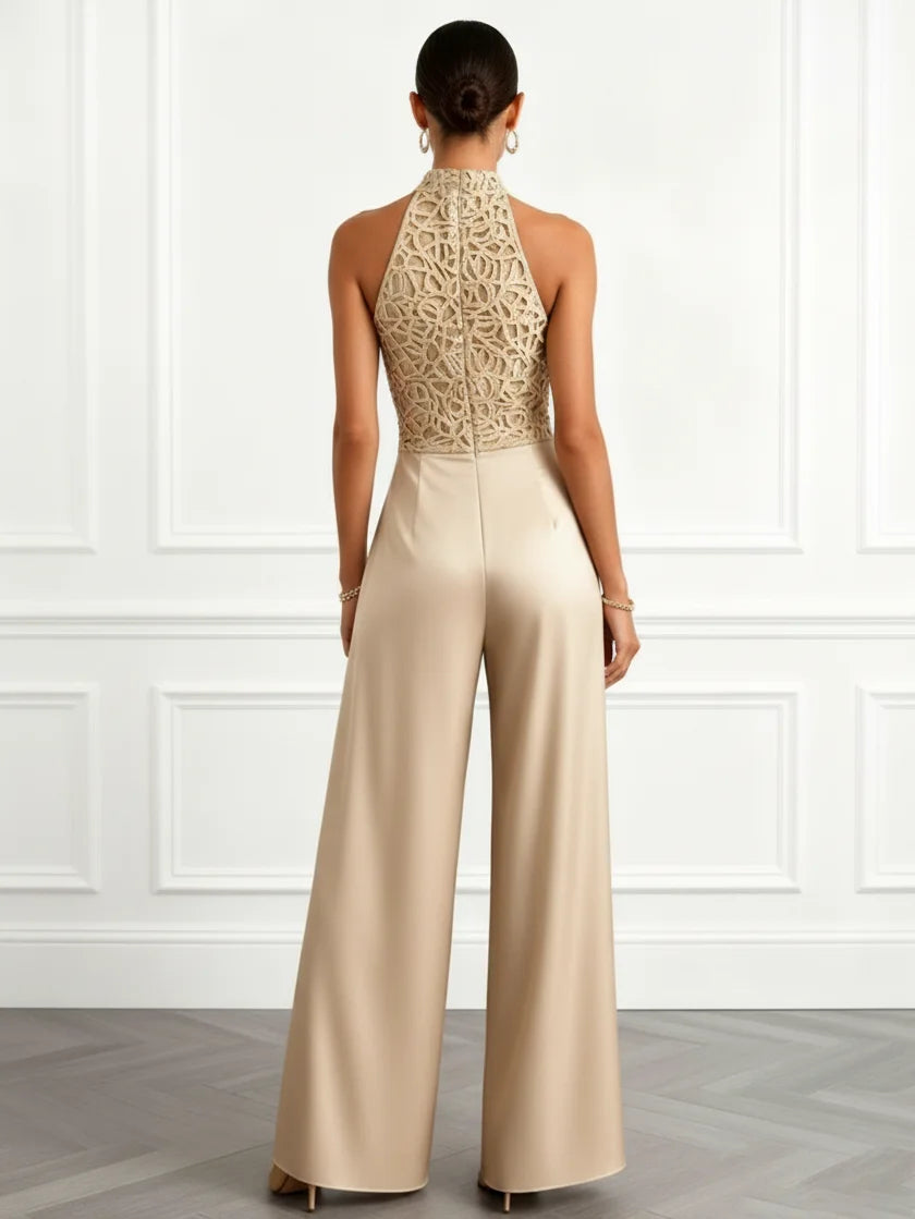 Women Champagne Lace Halter Neck Sleeveless Dressy Jumpsuit