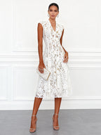 White Lace V Neck Sleeveless A-Line Midi Dress