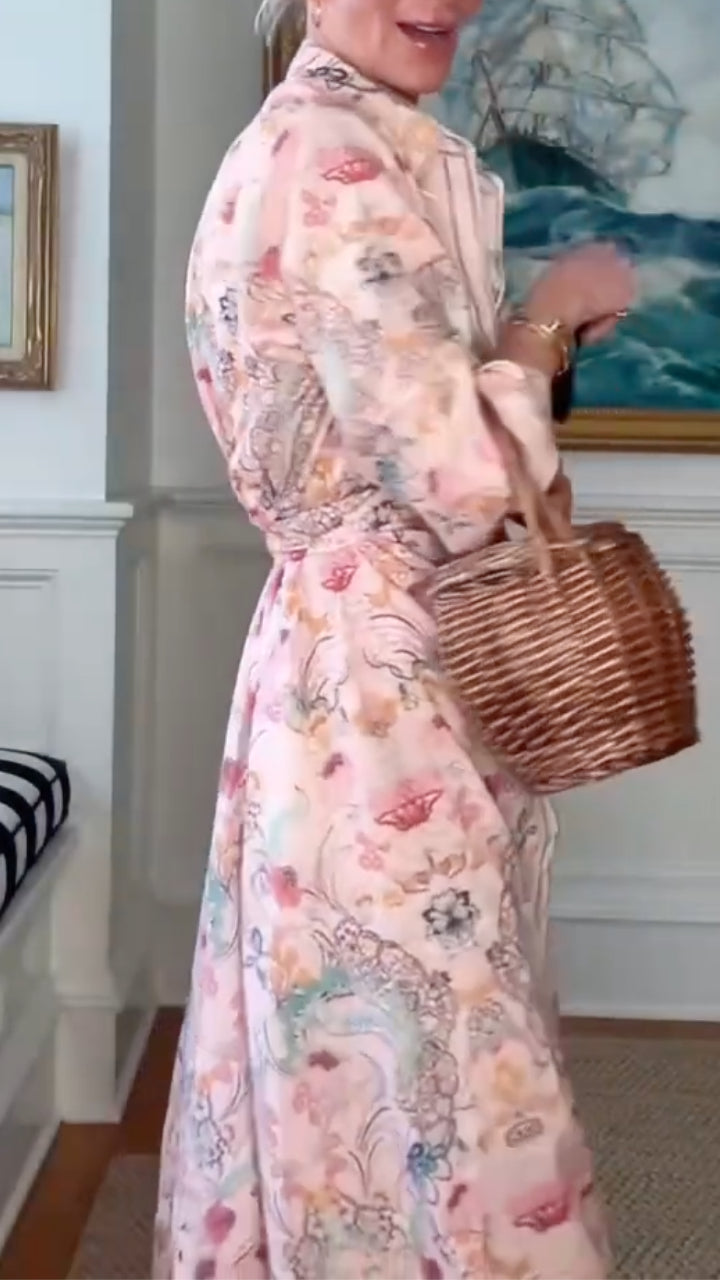 Pink Floral Print Shirt Maxi Dress
