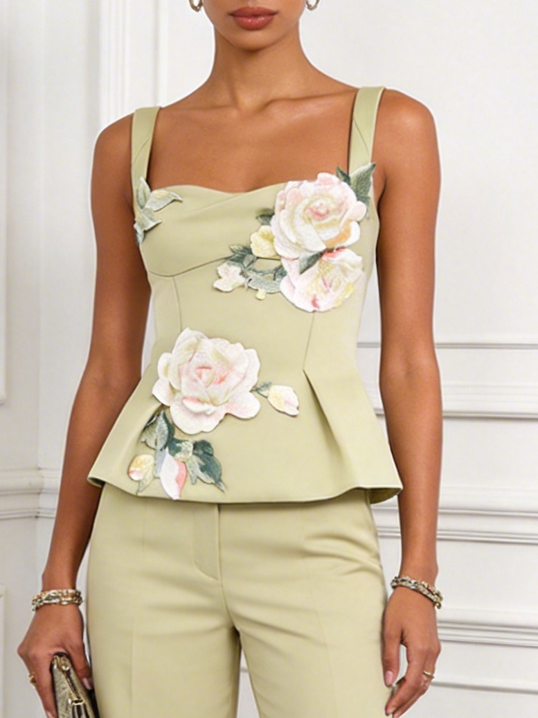 Women Light Green Applique Sweetheart Neckline Sleeveless Dressy Top With Pants Two-Piece Set