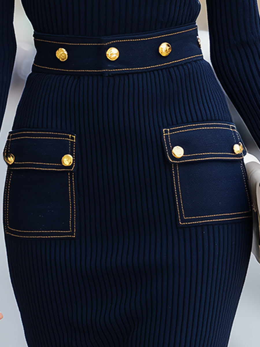 Navy Ribbed Knit Dress With Gold-Tone Button Denim Pocket Details