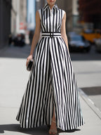 Striped Sleeveless Belted Elegant Dress