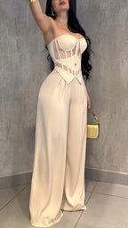 Nude Mesh & Boned Top + Trousers Two-Piece Set