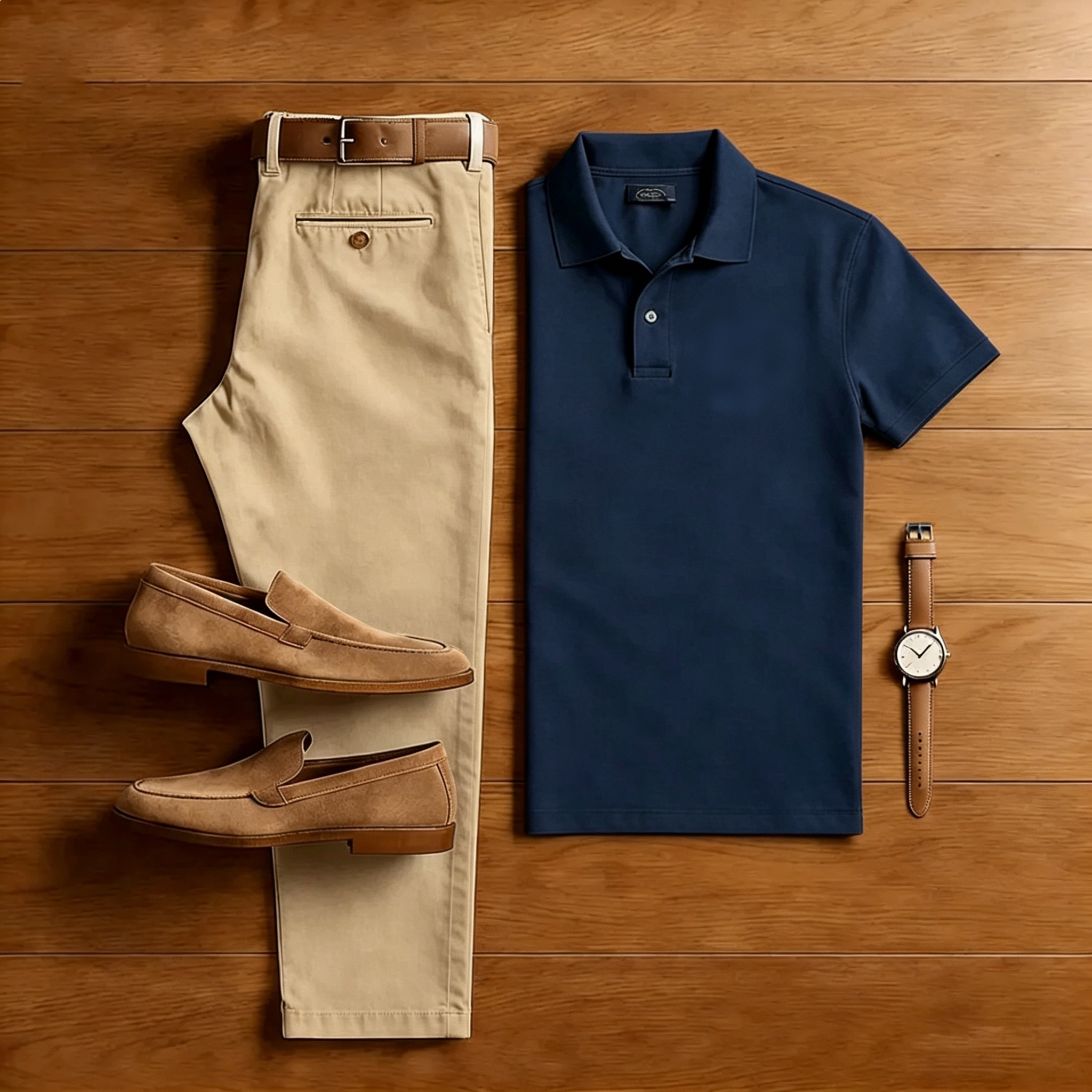 Men's Casual Navy Blue Polo Shirt And Khaki Pants Two-Piece Set