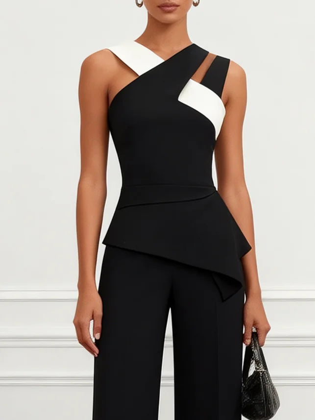 Women Black Cross Pocket Stitching Halter Sleeveless Dressy Jumpsuit