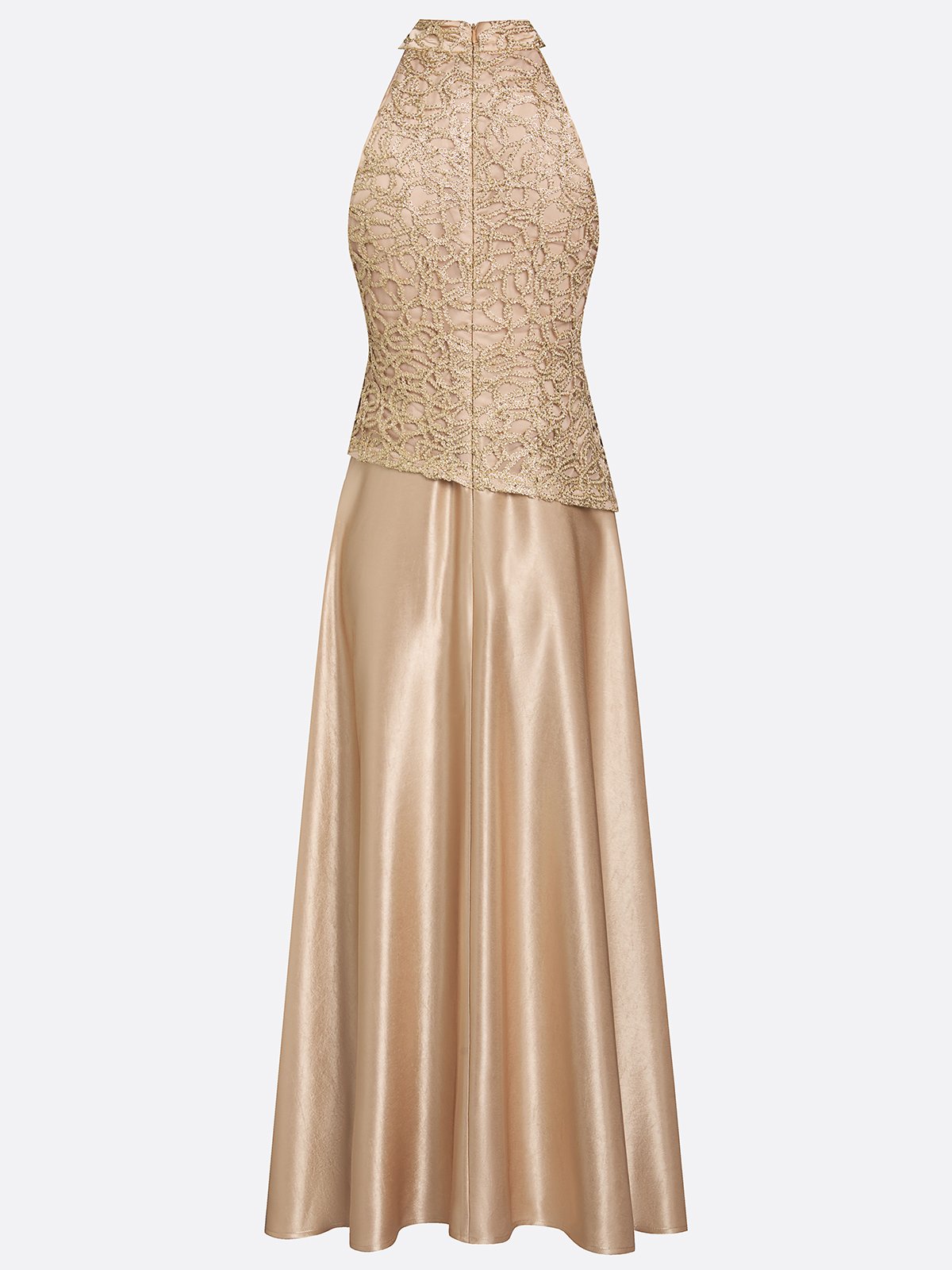 Champagne Lace Satin Halter Crew Neck Sleeveless A-Line Maxi Dress
