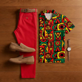 Men's Retro Green Geometric Print Short-Sleeve Shirt And Trousers Two-Piece Set