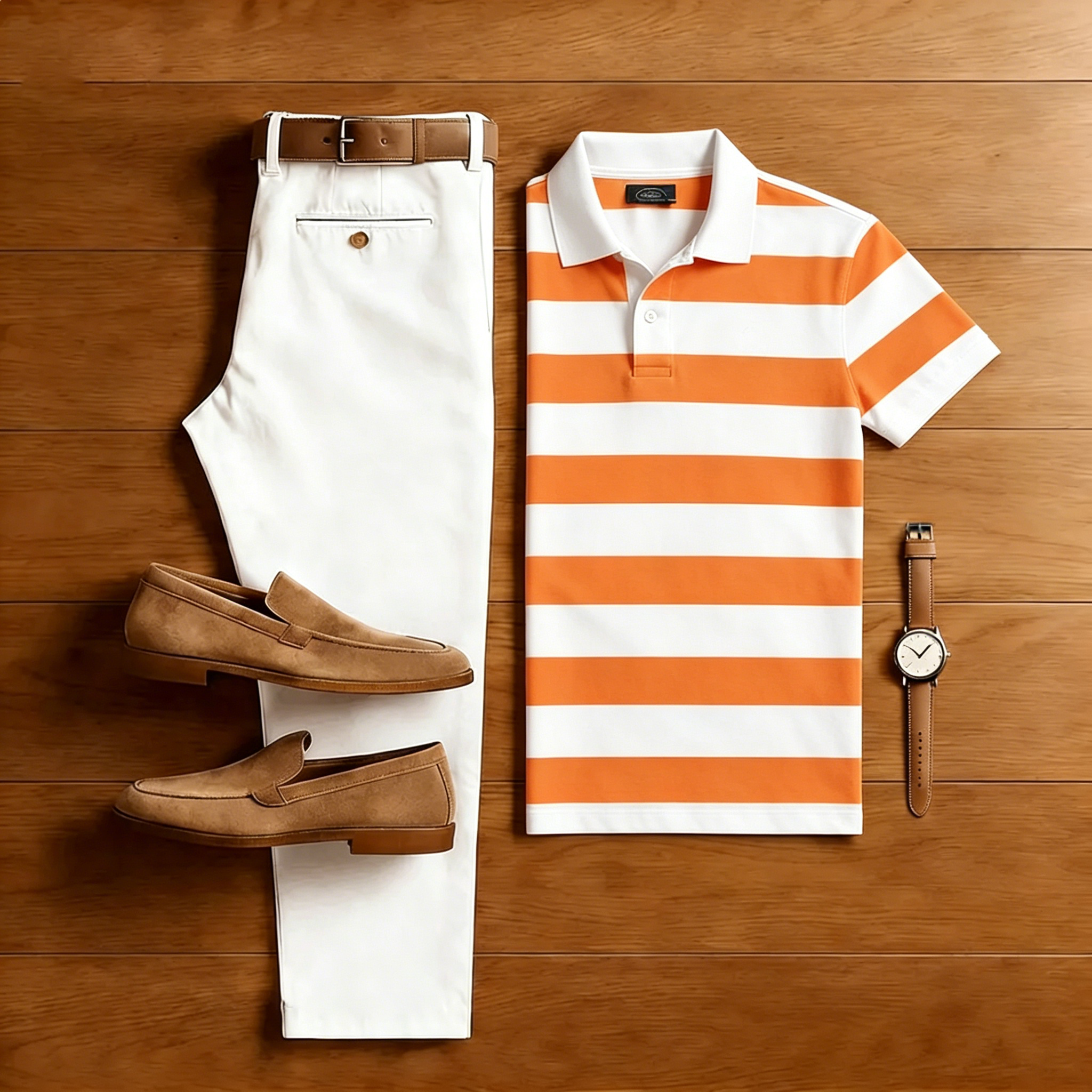 Men's Casual Orange Striped Polo Shirt And White Pants Two-Piece Set
