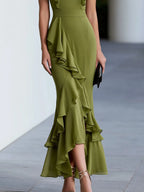 Layered Ruffles V-Neck Flowing Maxi Dress