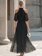 Off-Shoulder Halterneck Sheer Layered Dress