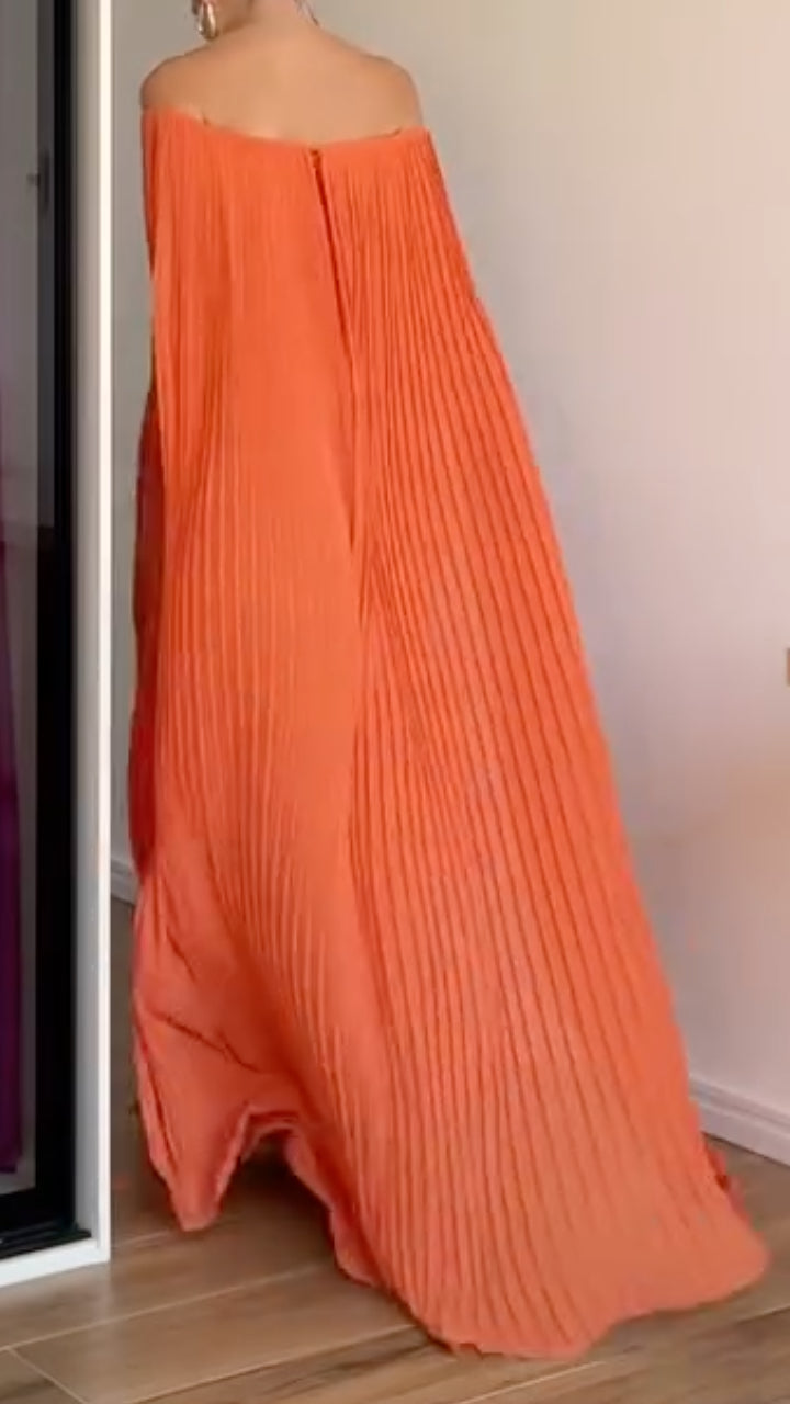 Orange Pleated Off-Shoulder Cape Dress