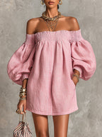 Pink Off-shoulder Lantern Sleeve A-line Loose Mini Dress