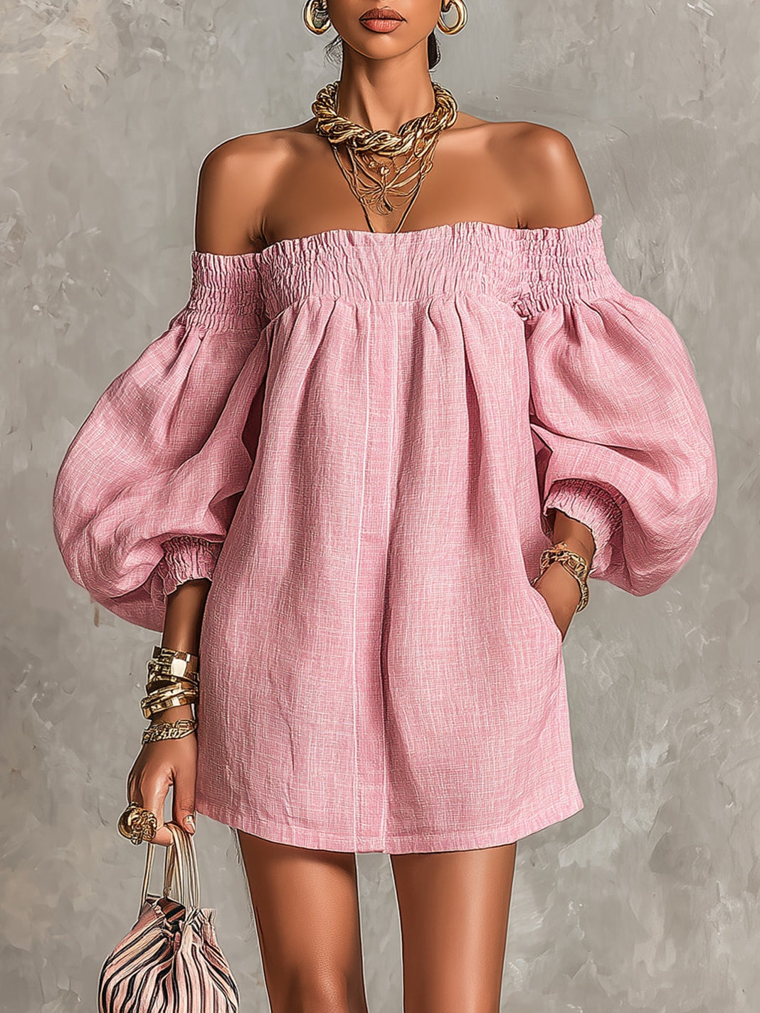 Pink Off-shoulder Lantern Sleeve A-line Loose Mini Dress