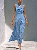 Women's Solid-color Cowl-neck Sleeveless Loose-fit Top & Striped High-waisted Loose-fit Cotton-linen Wide-leg Pants Set
