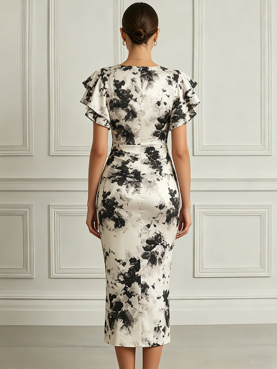 Monochrome Bloom Flutter-Sleeve Midi Dress