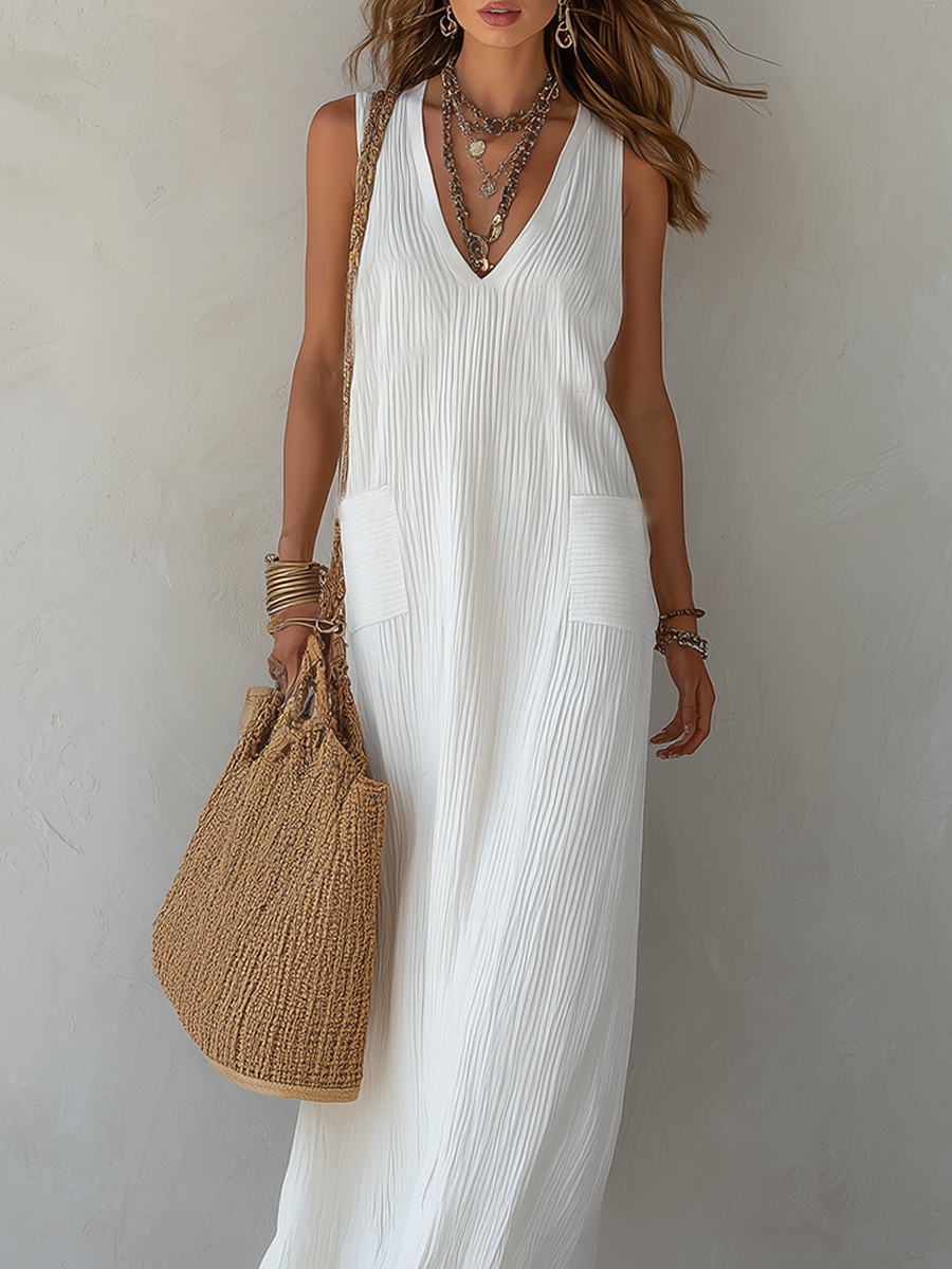 White Textured V-neck Sleeveless Dress