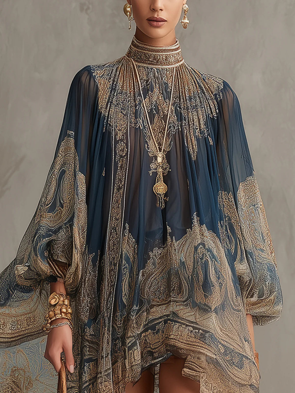 Navy Blue Baroque Print High-neck Irregular Chiffon Mini Dress