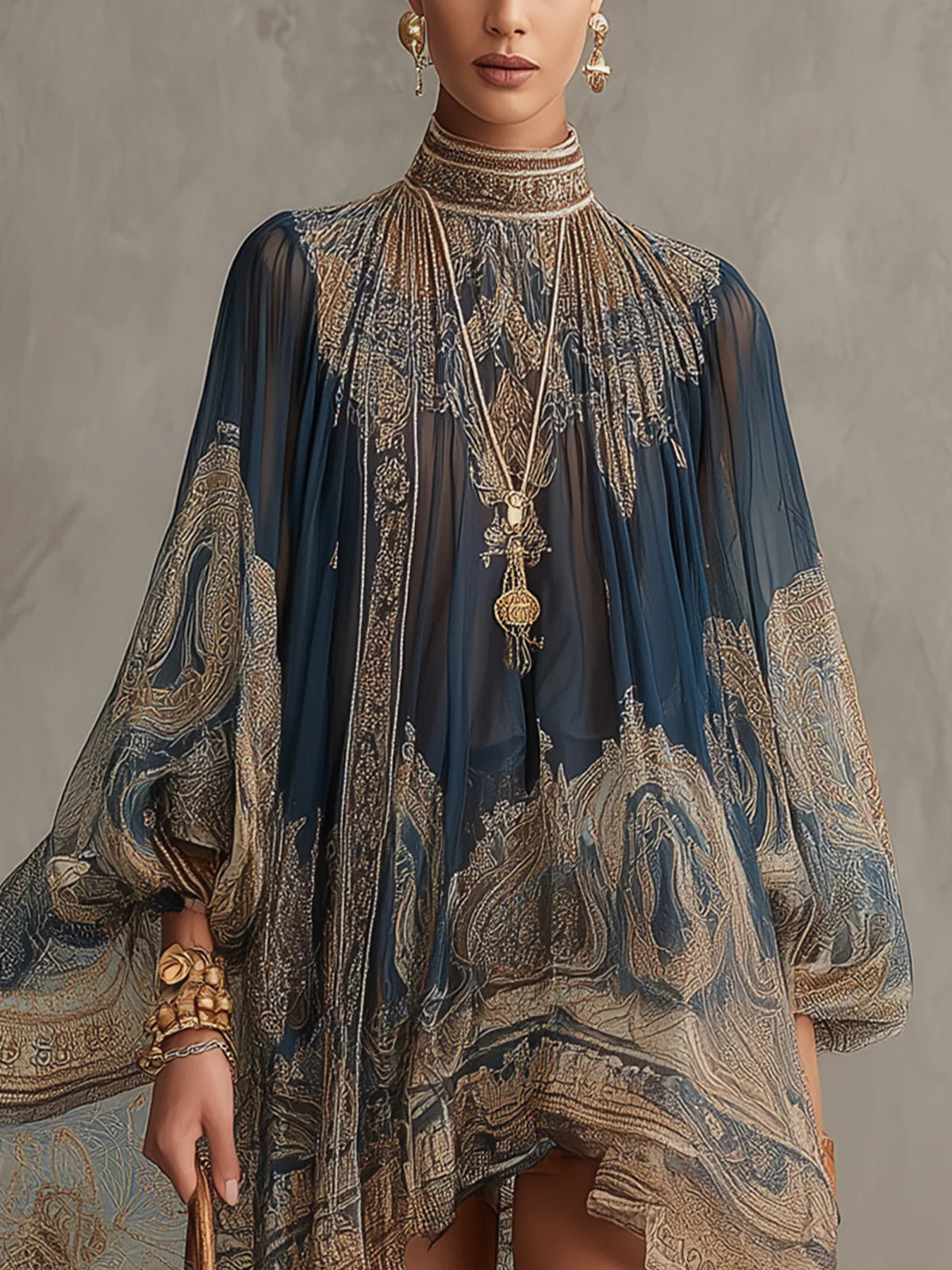 Navy Blue Baroque Print High-neck Irregular Chiffon Mini Dress