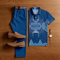 Men's Casual Royal Blue Geometric Printed Polo Shirt And Pants Two-Piece Set