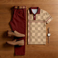 Men's Casual Maroon & Tan Color Matching Checkered Printed Short Sleeved Polo Shirt & Trousers Two-Piece Set