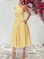 Stylish And Elegant Striped One-shoulder Cotton Dress