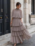 Tiered Pleated Cape Maxi Dress