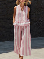 Elegant & Cozy Zipper Striped Cotton-linen Two-piece Set