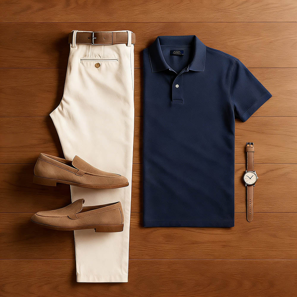 Men's Casual Navy Blue & Khaki Color Matching Short Sleeved Polo Shirt & Trousers Two-Piece Set