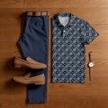 Men's Casual Navy Blue Color Matching Retro Floral Printed Short Sleeved Polo Shirt & Trousers Two-Piece Set