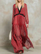 Women's Striped Art Casual Stylish Long Sleeve Chiffon Maxi Dress
