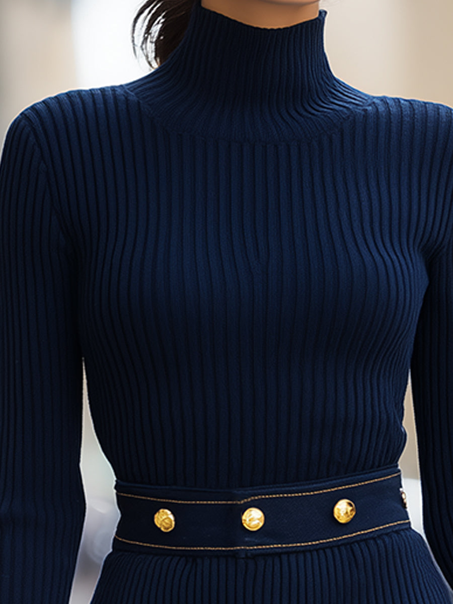 Navy Ribbed Knit Dress With Gold-Tone Button Denim Pocket Details