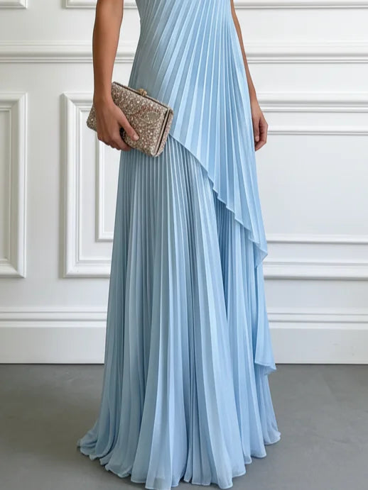 Women Light Blue Pleated One Shoulder Sleeveless Dressy Top With Skirt Two-Piece Set