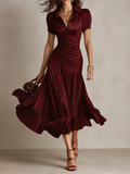Elegant Draped & Pleated Striped Midi Dress