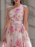 Pink Floral One-Shoulder Chiffon Midi Dress