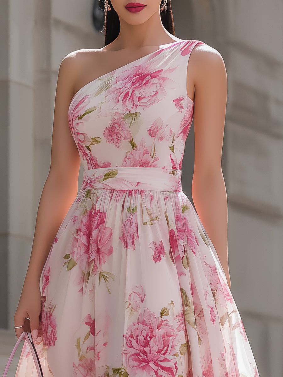 Pink Floral One-Shoulder Chiffon Midi Dress