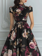 Vintage Black Rose Print High Neck Puff Sleeve Midi Dress