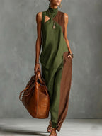 Fashionable Color-blocked Linen-cotton Maxi Dress