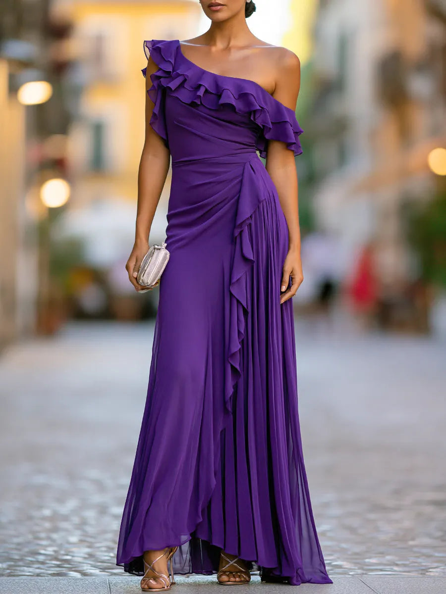 One-Shoulder Tiered Ruffle Chiffon Maxi Dress