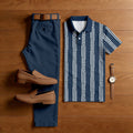 Men's Casual Navy Blue & White Color Matching Geometric Printed Short Sleeved Polo Shirt & Trousers Two-Piece Set